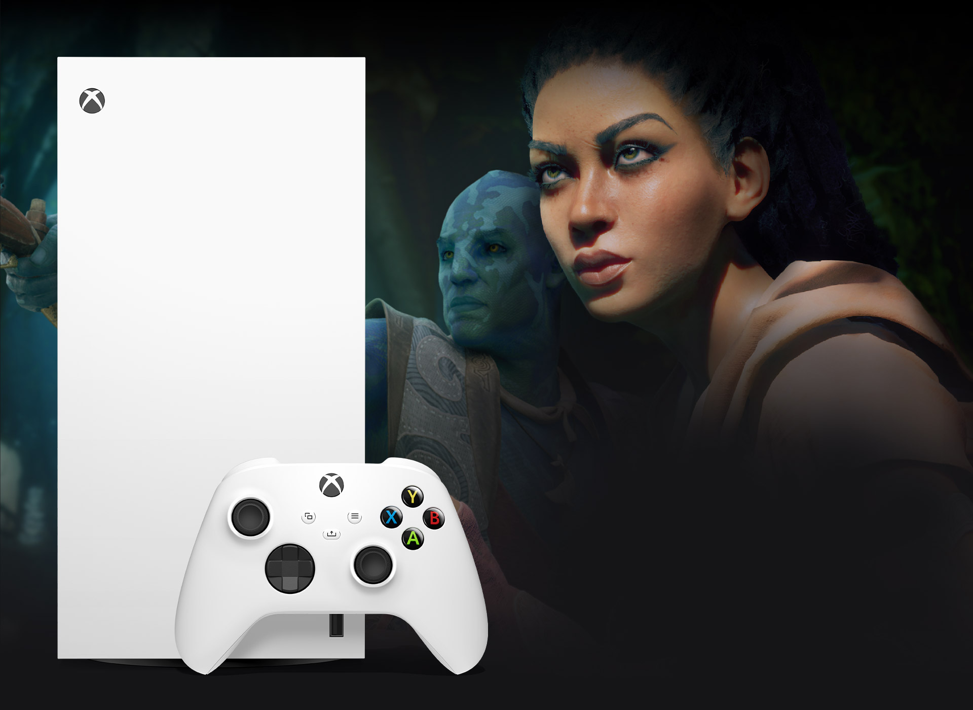 Xbox Series X – 1TB (ホワイト) と、先を見据える『Avowed』のキャラクター。