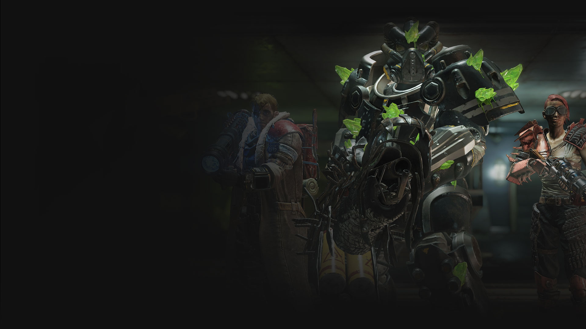 Fallout 76: Gleaming Depths, Δύο χαρακτήρες με μεγάλα όπλα περικυκλώνουν έναν παίκτη με Power Armor καλυμμένο με ραδιενεργό Ultracite.