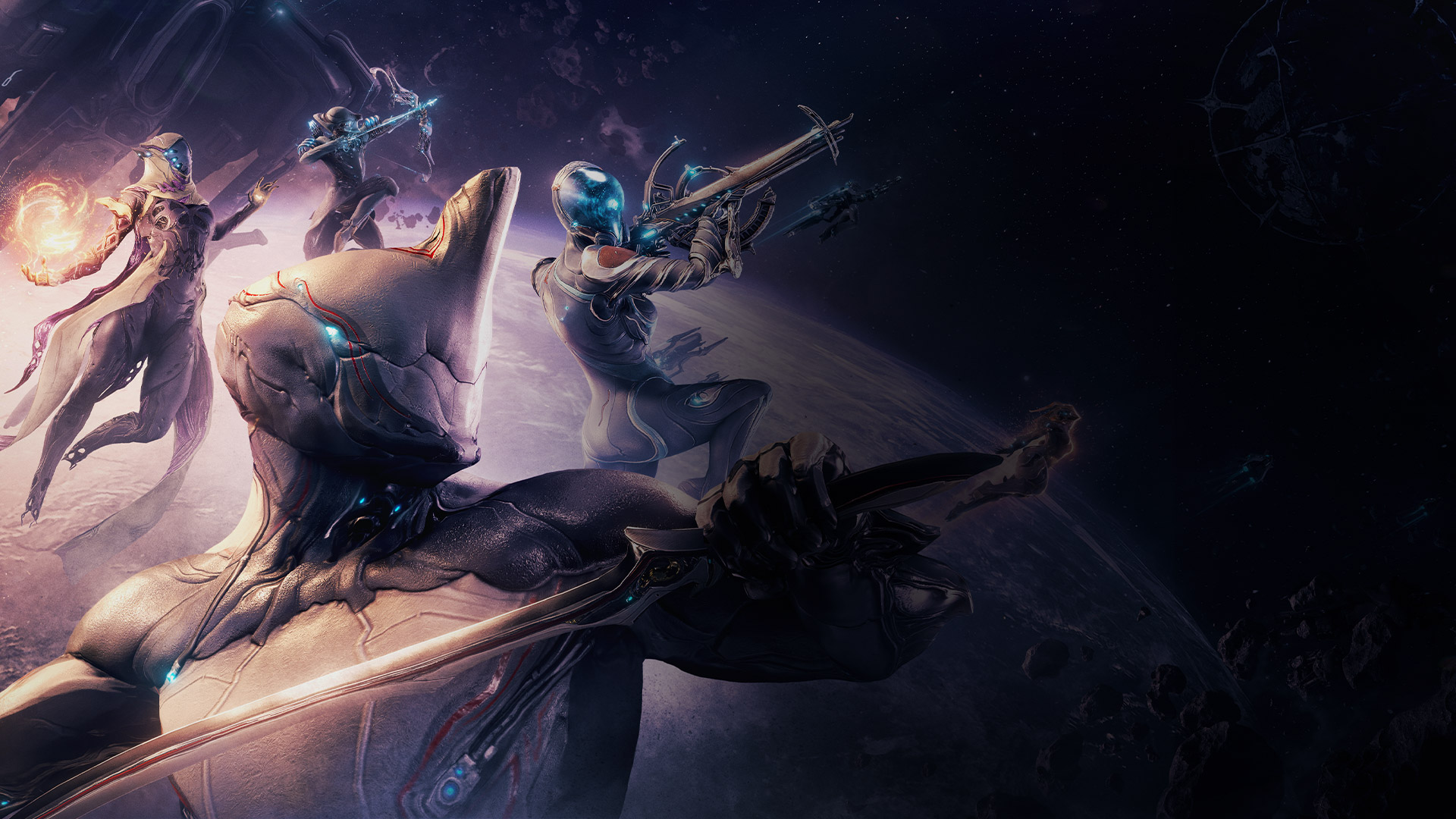Χαρακτήρες από το Warframe με όπλα καθώς πηδούν στο διάστημα πάνω από έναν πλανήτη.