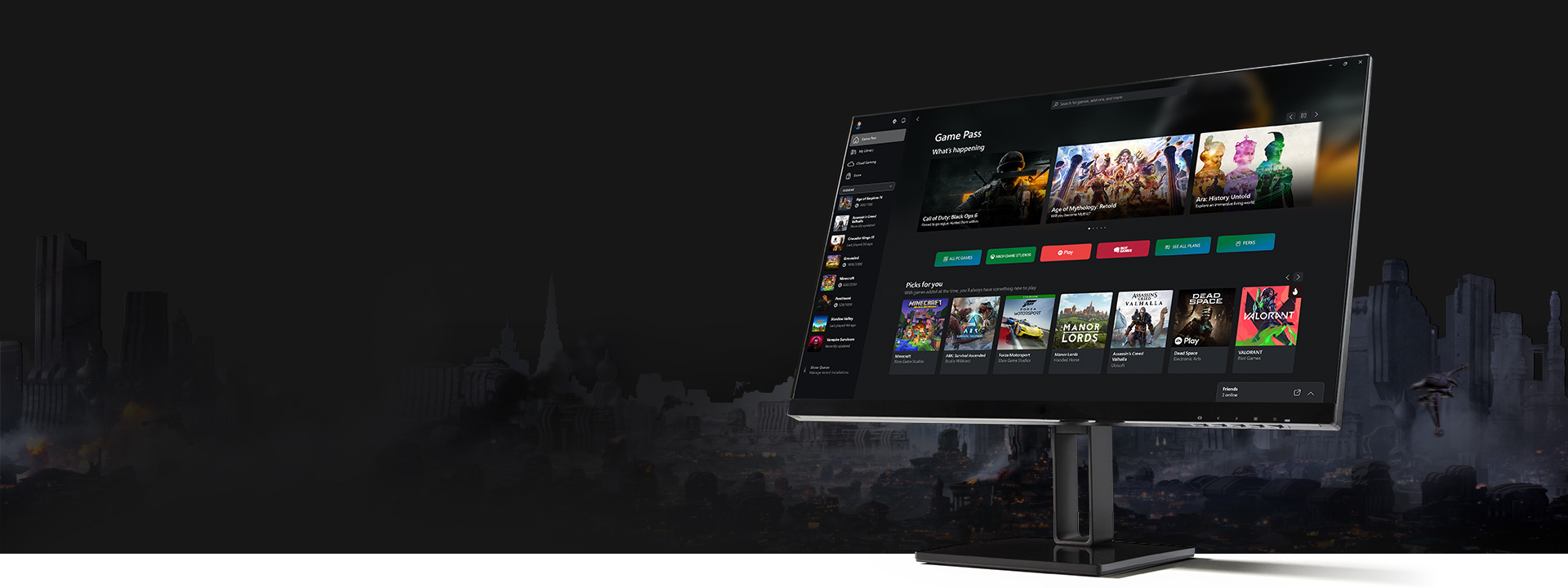 Windows PC용 Xbox 앱 사용자 인터페이스가 표시된 컴퓨터 모니터